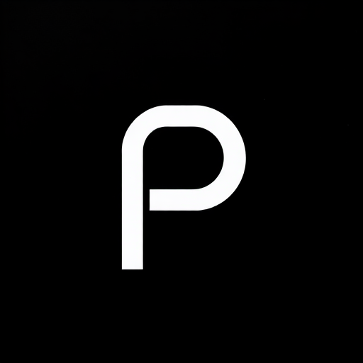 Create a minimalist logo featuring a bold letter P in white on a solid black background, shot with a DSLR camera at f/2.8 aperture, ISO 100, 50mm lens, top-down view for clarity and sharpness.