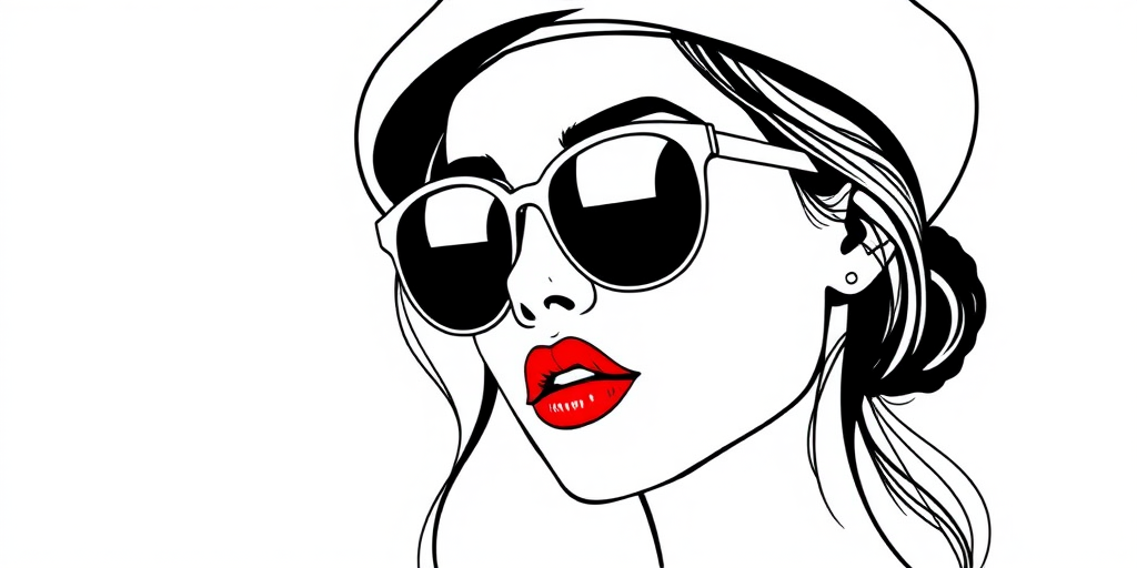Create a minimalist line art illustration of a woman wearing a beret and sunglasses, vibrant red lips, captured with a Canon EOS R5, 50mm lens, f/1.8, 1/125 sec, ISO 100, soft diffused lighting for enhanced contrast and detail.