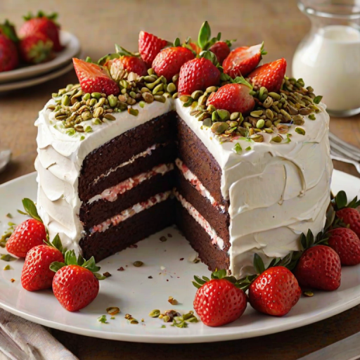 Create an image of a layered chocolate cake with fresh strawberries and whipped cream. The cake should have three layers, with strawberries and chopped pistachios decorating the top. A drizzle of chocolate sauce should be falling over the cake, and the background should be a dark, textured surface to highlight the cake's colors.