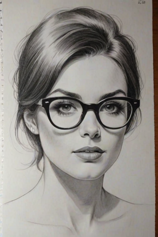 Attractive Edi Patterson, pencil sketch, portrait of Alluring woman 1967s in glasses, hair style beatnik, outline, clear lines, fine lines, 8k