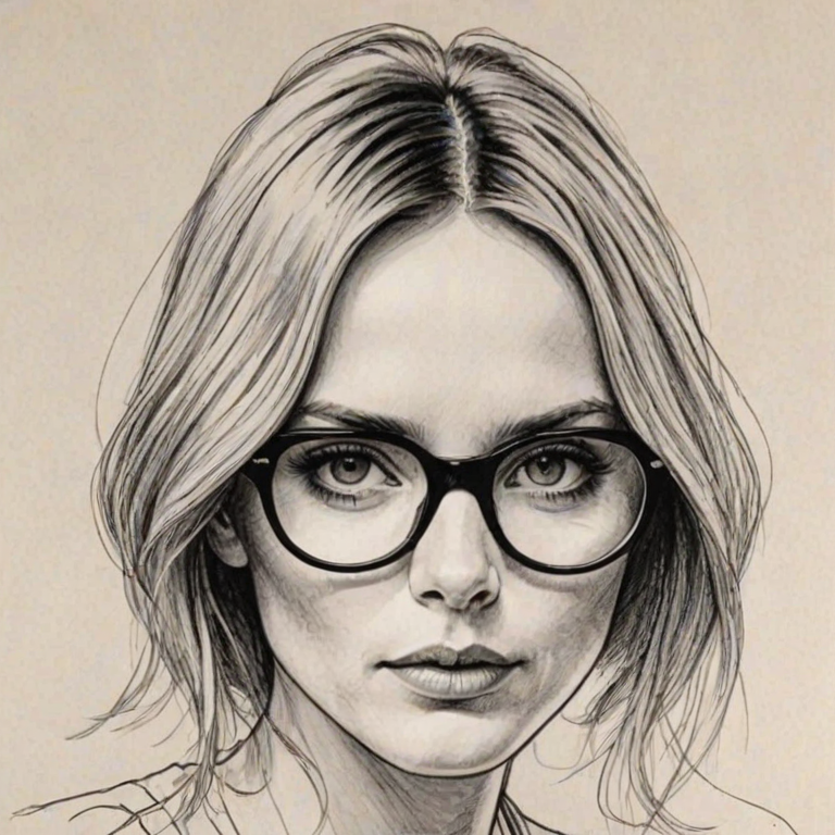Enticing Stella McCartney, pencil sketch, portrait of Appealing woman 1971s in glasses, hair style beatnik, outline, clear lines, fine lines, 8k