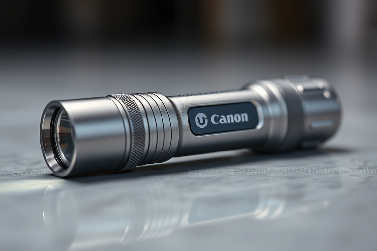 Create a high-resolution image of a silver flashlight with a prominent logo, using a Canon EOS R5 camera, 50mm lens, f/2.8 aperture, 1/100s shutter speed, ISO 200, with a soft focused background to emphasize the flashlight.