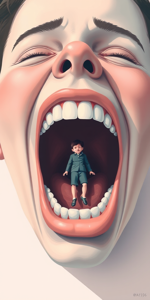 Create an illustration of a face with a large open mouth featuring a small person trapped inside, use soft pastel colors, with a focus on surrealism, shot with a 50mm lens at f/1.8, in a flat lay style, using a digital illustration technique for enhanced clarity and detail.