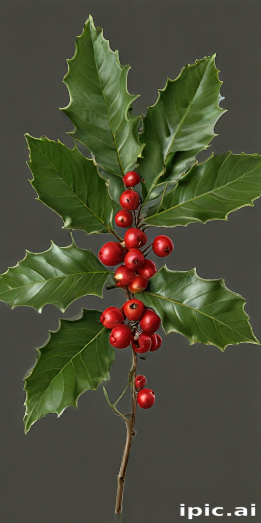 Vibrant Holly Branch with Glossy Green Leaves and Bright Red Berries