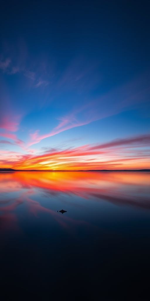 Create a high-resolution image of a serene sunset over a calm lake with vibrant colors reflecting on the water, taken with a DSLR camera at ISO 100, aperture f/11, shutter speed 1/60s, using a wide-angle lens for a panoramic view.