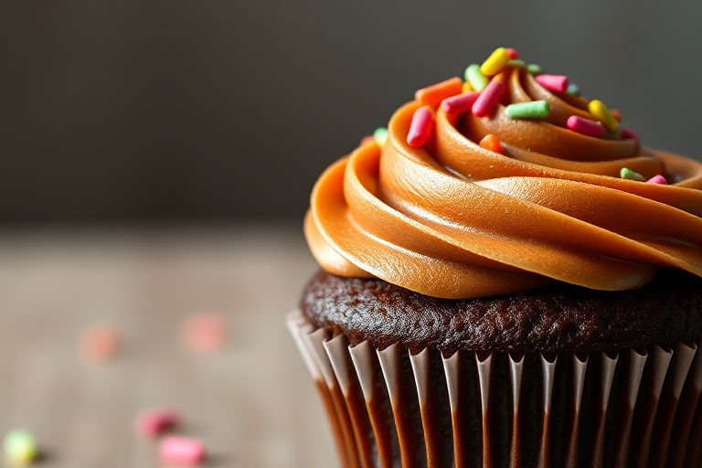 High-resolution image of a chocolate cupcake with swirls of creamy frosting topped with colorful sprinkles, shot in soft natural light with a shallow depth of field, using a DSLR camera at 50mm focal length, aperture f/2.8, ISO 200, and a slight tilt angle for a dynamic perspective.