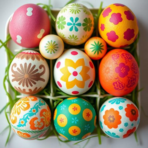 Create a high-resolution image of decorated Easter eggs arranged in a 3x3 grid with vibrant colors and patterns, using a DSLR camera with a 50mm lens, f/2.8 aperture, ISO 100, and a soft focus background.
