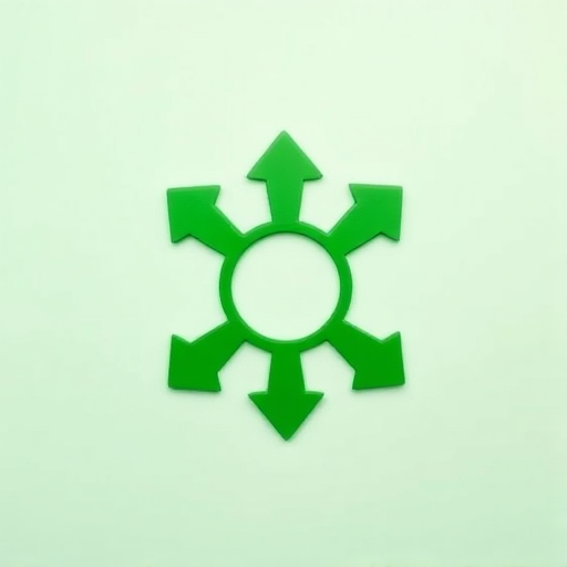 Create a high-resolution image of a green symbol with a central circle and four arrows pointing inward, use a Canon EOS R5 camera, aperture f/4, ISO 100, 50mm lens, shot in a flat lay style to enhance clarity and color vibrancy.