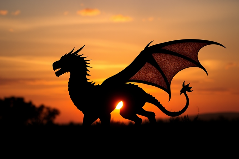 Create a high-resolution silhouette of a mythical creature against a sunset background, using a DSLR camera with a 50mm lens, aperture set to f/2.8, ISO 100, shutter speed of 1/200s, and a landscape view to enhance the contrast and detail.
