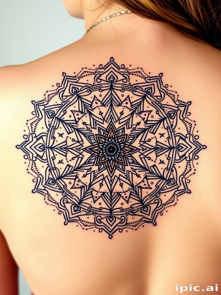 Dotwork mandala tattoo entitled "Cosmic Symmetry" featuring intricate patterns, sacred geometry, and celestial elements created entirely with tiny dots, suitable for circular placements like shoulder or back