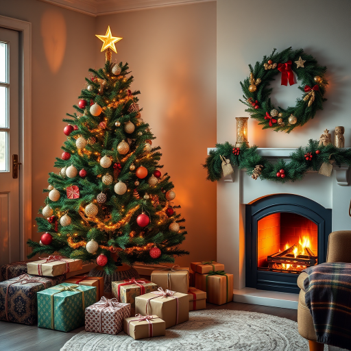 Create a cozy interior scene featuring a beautifully decorated Christmas tree with a star on top, surrounded by wrapped gifts, a warm fireplace with a crackling fire, and a festive wreath on the wall, shot with a DSLR camera at f/2.8, ISO 100, 24mm lens, natural light, with a warm color palette and soft shadows for an inviting atmosphere.