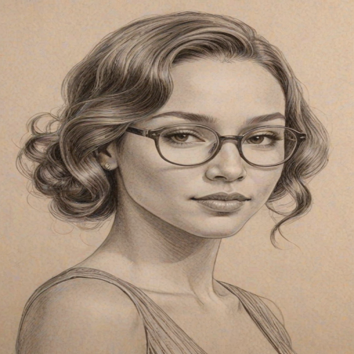 Radiant Jessica Parker Kennedy, pencil sketch, portrait of Graceful woman 1929s in glasses, hair style beatnik, outline, clear lines, fine lines, 8k