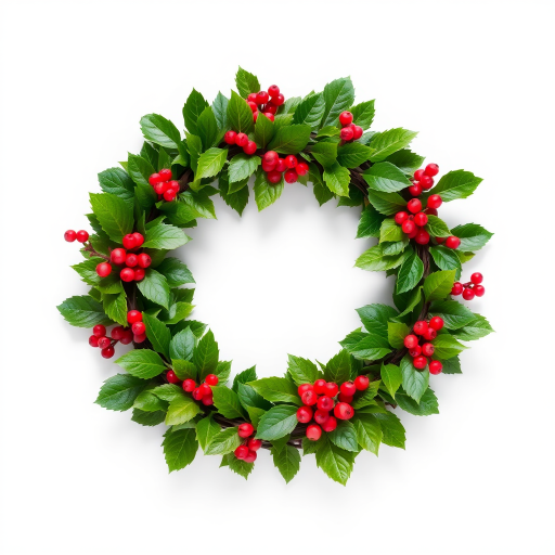 Create a festive Christmas wreath with vibrant green leaves and red berries on a plain background, using a DSLR camera, 50mm lens, f/2.8 aperture, ISO 100, and 1/100s shutter speed for sharp detail and rich color saturation.