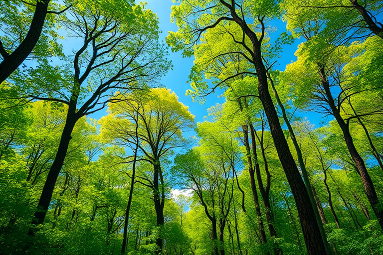 Create a high-resolution digital illustration of a lush forest scene with detailed trees, vibrant green leaves, and a clear blue sky, using a DSLR camera with a 50mm lens, aperture set to f/8, ISO 100, and a wide-angle view for depth.