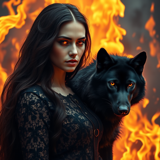 A woman with long dark hair, wearing a black lace dress that seamlessly blends into her skin with intricate floral patterns. She is in the foreground, with a black wolf beside her; its fur is midnight black, and it has glowing, intense, orange eyes that match hers. Her eyes are partially closed with burning embers above them, giving a fiery and mystical aura. The background is engulfed in tall, roaring flames, contributing to an overall dark and supernatural atmosphere. The colors are intense, predominantly black, fiery orange, and deep reds, with sharp contrast highlighting the mysterious and fierce theme. The flames are bright and dynamic, casting dramatic light and shadow, illuminating the woman and wolf while leaving parts in near darkness. The image evokes a sense of otherworldly power and connection between the woman and the wolf.