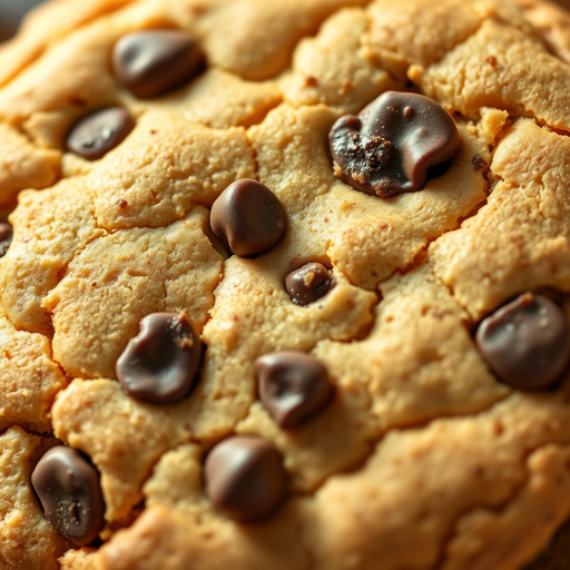 Create an illustration of a chocolate chip cookie with a realistic texture, using soft natural lighting, a close-up camera view, f/4 aperture, 50mm lens, and a shallow depth of field to enhance image quality.