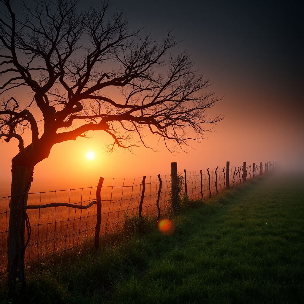 A serene countryside landscape at dawn, with a misty orange glow filling the air. The sun rises behind a large twisted and gnarled bare tree, casting a warm light over the scene. A rustic wooden fence, weathered and overgrown with vines and delicate wildflowers along the fence line, stretches into the distance, dividing a grassy field that fades into the fog. The grass is dew-kissed and shimmering, and there's a touch of mist rising from the ground. The sky gradually fades into darker shades as it reaches higher, enhancing the peaceful, dreamlike dark fantasy atmosphere