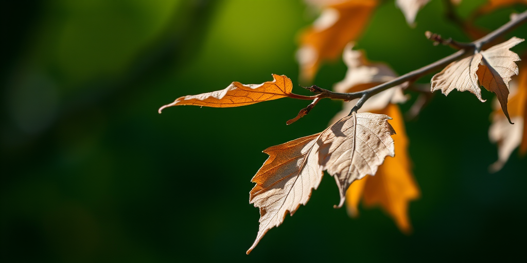 regenerate a close-up image of dried leaves on a branch with a blurred green background, shallow depth of field, aperture f/2.8, ISO 100, 50mm macro lens, natural light, DSLR camera, vibrant colors and sharp details