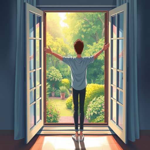 Create an illustration of a person standing at an open window with arms outstretched, gazing outside at a lush garden, using a high-resolution digital approach with a soft focus effect, 35mm lens, f/2.8 aperture, ISO 100, and a slight vignette for dramatic effect.
