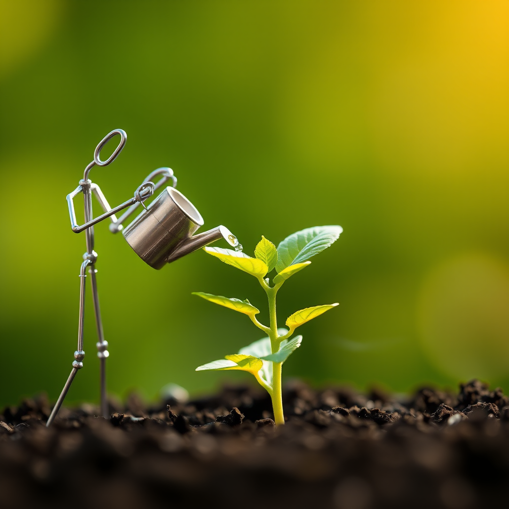 A metal figurine of a person, constructed from thin, silver rods, stands on the left side of the image, facing the viewer. The figurine is holding a small watering can and pouring water onto a young plant, with a few droplets in the air. The plant, with lush green leaves, is situated in the center, growing from dark soil. The background is a soft, out-of-focus blur of green, illuminated by warm, natural light. The composition creates a sense of depth and intimacy. The image evokes feelings of growth, nurture, and hope.