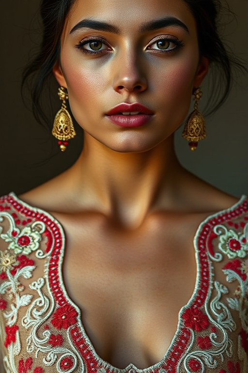 Face, shoulders, chest covered in openwork Pakistani embroidery. Raw, unedited image.