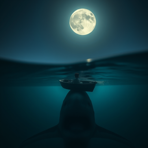 a child sitting in a small boat under a full moon, with a large shark visible in the water below, low-angle view, cinematic style, ISO 100, aperture f/2.8, shutter speed 1/60s, DSLR camera, HDR processing, dramatic lighting