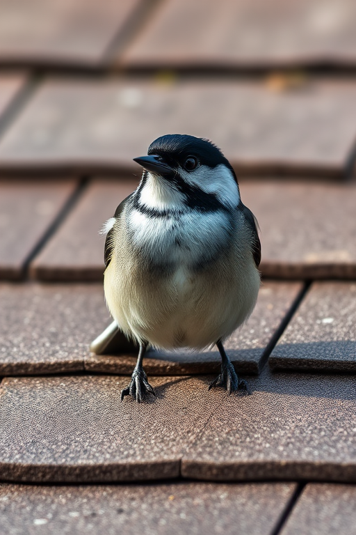 A close-up shot of a black and white bird perched on textured wooden shingles, natural light, f-stop 5.6, shutter speed 1/200s, ISO 400, DSLR camera, portrait orientation.