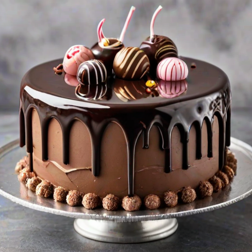 Generate an image of a decadent chocolate cake with rich chocolate frosting. The cake features a glossy chocolate ganache drip, topped with an assortment of chocolate candies and decorative elements. Include a variety of textures and colors, such as chocolate curls, cream swirls, and edible pearls for a luxurious appearance. The background should be simple and elegant to emphasize the cake.