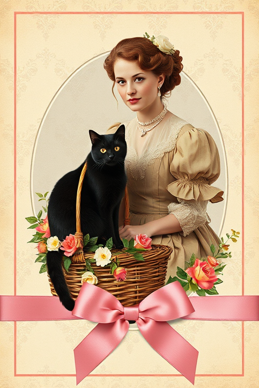 Create an artistic vintage collage featuring a woman in period attire sitting beside a black cat, surrounded by a floral basket, on a delicate damask-patterned background with a pink ribbon border, using a DSLR camera with a 50mm lens, aperture set to f/2.8, ISO 200, and natural lighting for enhanced color and detail.