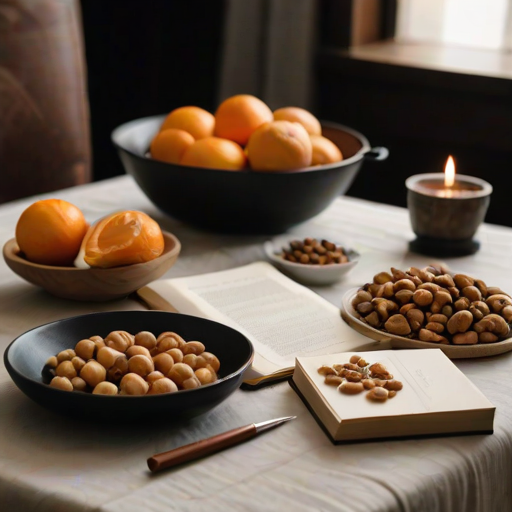 a cozy table setting featuring an assortment of fruits including oranges and longan, alongside various nuts and seeds displayed in elegant black plates, with a partially visible open book on the table, warm natural lighting illuminating the scene