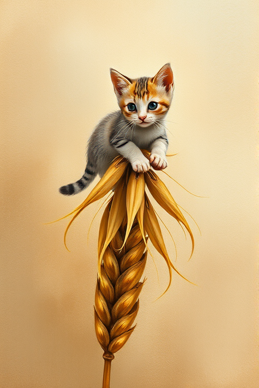 Soft, muted Alcohol Ink with ebru effect background image of tiny whimsical cat, who climbed high on the top of a golden rye ear.