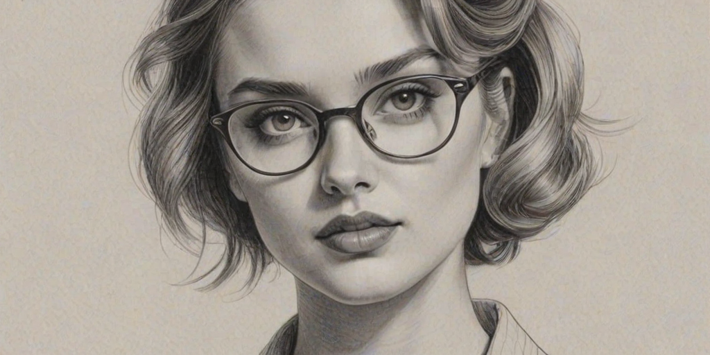 Stunning Bella Heathcote, pencil sketch, portrait of Alluring woman 1942s in glasses, hair style beatnik, outline, clear lines, fine lines, 8k