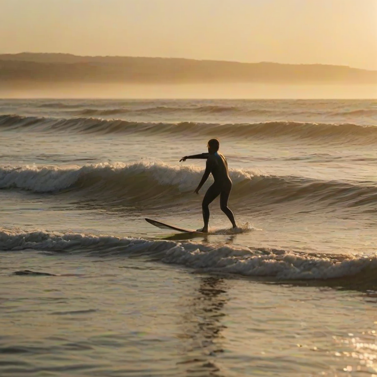 Blurry action shot of a surfer riding a wave at sunrise, water splashing up around them, the golden light of the early morning reflecting off the ocean, distant seagulls flying overhead, focus on the intense concentration on the surferes face.