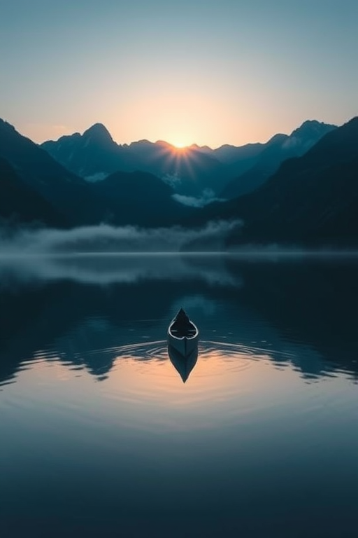 Soft-focus image of a serene lake reflecting the surrounding mountains at sunrise, with soft mist rising off the water and a single canoe gently gliding across the surface.