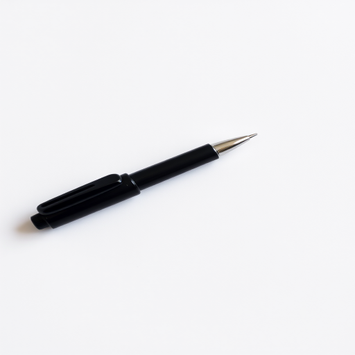Create a high-resolution image of a black pen on a white background, 50mm lens, f/2.8 aperture, ISO 100, 1/200s shutter speed, taken from a slight above angle with a soft shadow effect for depth.