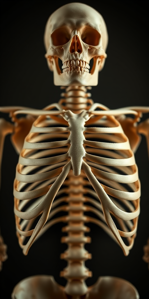 Create a high-resolution image of a human skeleton with a focus on the ribcage and sternum, using a DSLR camera with a 50mm lens, aperture set to f/1.8 for shallow depth of field, ISO 200, shot in soft natural light, and at eye level to enhance clarity and details.