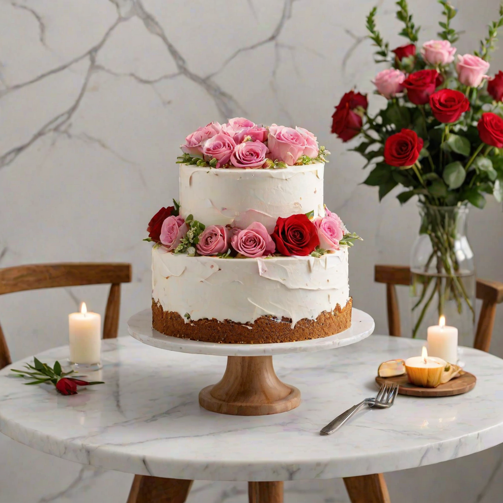 Generate an image of a beautifully decorated cake on a marble countertop. The cake should be adorned with a variety of colorful flowers, including pink roses and bright red blooms, arranged in a circular pattern on top. Surround the cake with scattered flowers and greenery, and include a wooden chair in the background for a cozy setting. Make sure the lighting is soft and inviting.