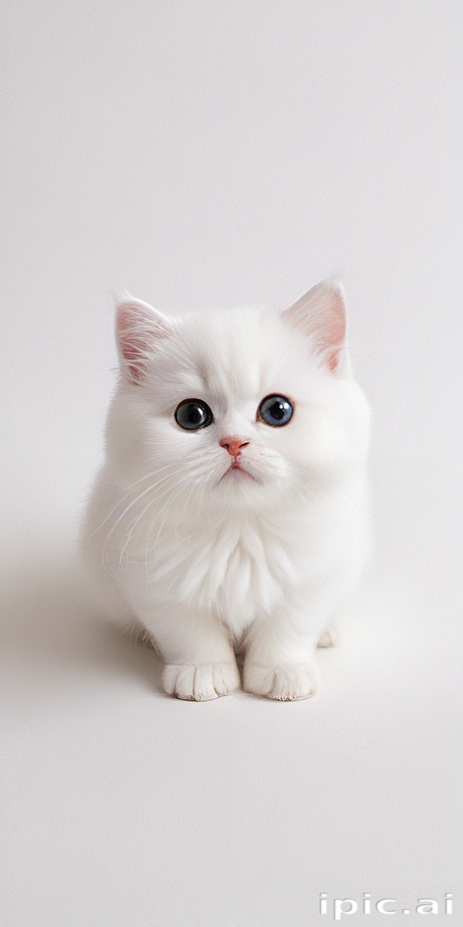 A Cute, Fluffy White Kitten with Big Blue Eyes Sitting Adorably.
