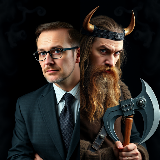 a combination of two pictures of a man in two completely different outfits and makeups. seamless stitched together vertically exactly over the middle of his face. exact same eye level on both sides. The left side shows him as a business person, without beard, wears suit, tie and glasses. The right side of him is wearing no glasses, long hair and beard and is dressed like a viking with a battle axe in his hand. The background is continuously dark with some smoke over both sides. --no visible lines or seams between both sides of the picture