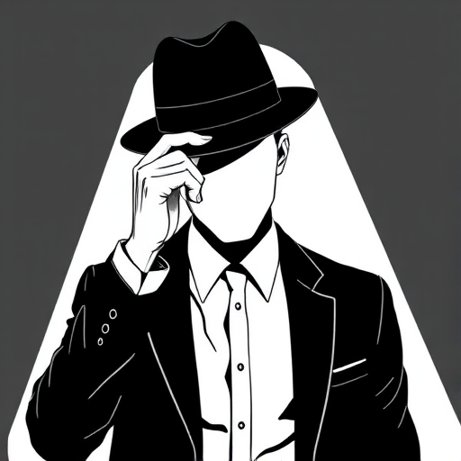 Create a minimalistic black and white illustration of a faceless man in a suit tipping a hat, with a spotlight effect shining from the head area, using a Canon EOS R5 with a 50mm lens, aperture f/1.8, ISO 200, in a high-contrast style to enhance details.