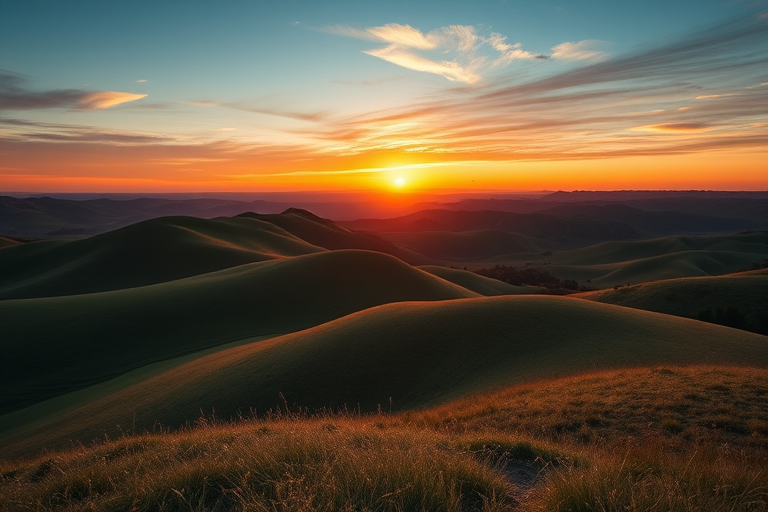 Create a high-resolution image of a serene landscape featuring rolling hills and a vibrant sunset in the background, shot with a Canon EOS R5, 24mm lens, aperture f/8, ISO 100, 1/250 sec, golden hour lighting, wide-angle view.