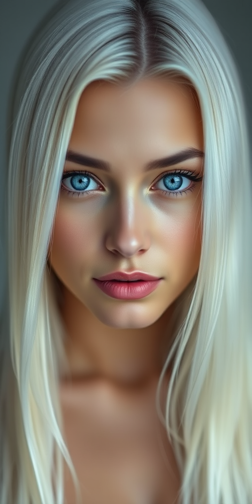 Create a high-resolution portrait of a woman with long, straight white hair and striking blue eyes, soft lighting to enhance features, f/2.8 aperture, 85mm lens, shot at eye level using a DSLR camera.