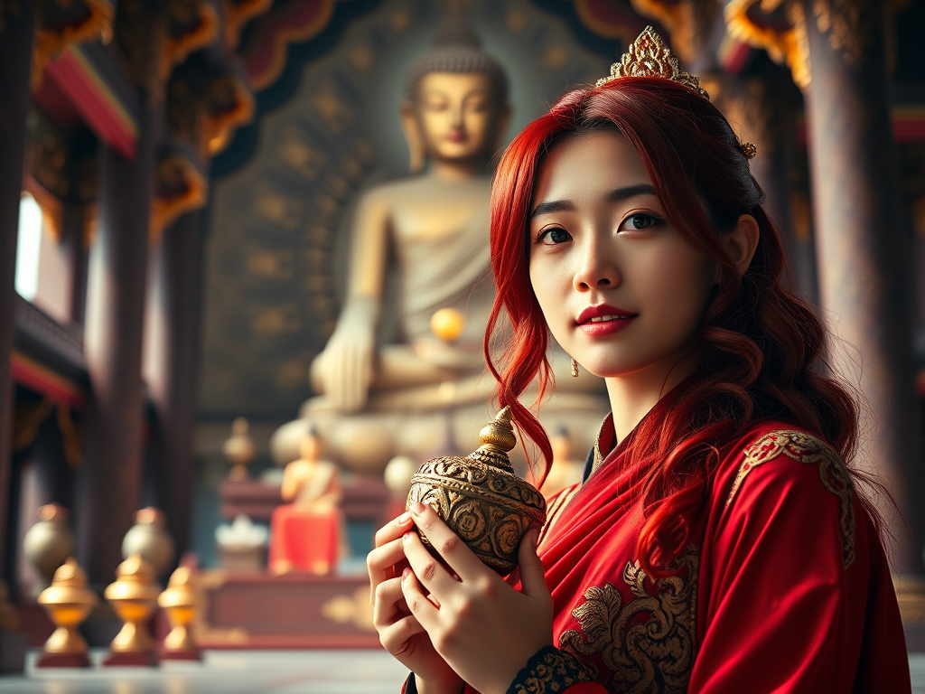Create an image of a young woman with red-tinted hair holding a ceremonial object, set in an ornate temple with a giant Buddha statue in the background, using a full-frame DSLR camera at f/1.8 aperture, ISO 200, 50mm lens, natural lighting to create a cinematic feel with a shallow depth of field.