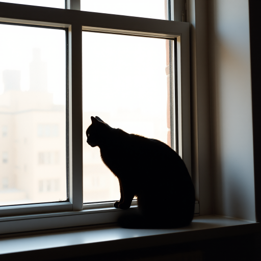 Create a high-resolution image of a black silhouette of a cat sitting gracefully on a windowsill, with soft natural lighting coming from the window, captured using a Canon EOS R5 with a 50mm f/1.2 lens, aperture set to f/2.8, ISO 100, and a slight vignette effect for a warm ambiance.