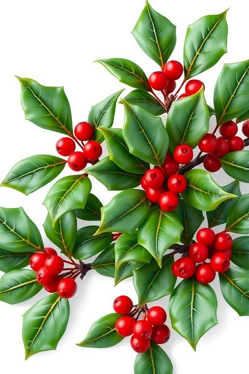 Create a high-resolution illustration of a holly plant featuring vibrant green leaves and bright red berries, with a clean, flat background, shot with a DSLR camera at f/4 aperture, 1/250 sec shutter speed, ISO 100, and a slight macro lens effect to highlight the details of the leaves and berries.