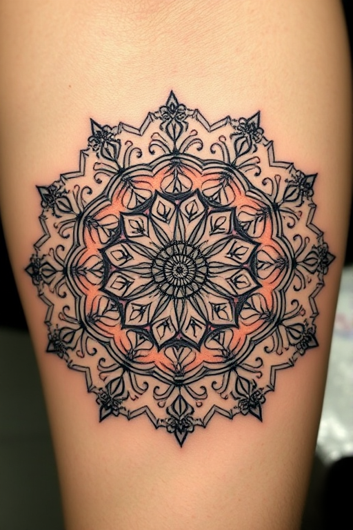 Ornate mandala tattoo called "Sacred Symmetry" showcasing intricate patterns radiating from a central point with delicate dotwork shading and precise geometric shapes