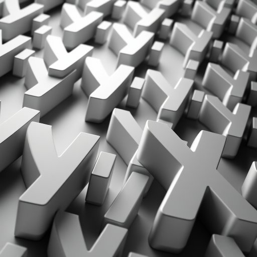 Create an image of repeating large 3D letters "y" and "x" in a monochromatic pattern, using a DSLR camera with a 50mm lens, f/2.8 aperture, ISO 100, and a low-angle perspective to enhance depth and clarity.