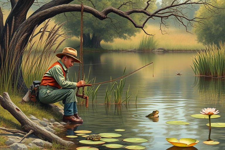 Imagine a small group of old fashioned young boys out fishing by the creek, a swing hanging from a tree branch, reeds and grasses by the water's edge, a frog sitting on a lily pad, dragonflies hovering over som water plans, a very iconic old fashioned scene reminiscent of a Norman Rockwell painting style