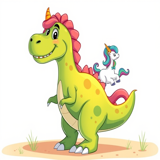 Create a vibrant illustration of a cartoon dinosaur standing upright with a playful expression, featuring a tiny unicorn with a multicolored mane sitting on its back, use a high-resolution setting of 300 DPI, with a focal length of 50mm, aperture set to f/4 for a shallow depth of field, captured in soft daylight through a digital DSLR camera.
