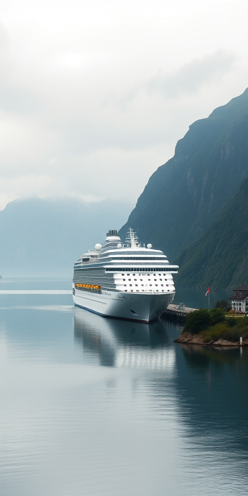 A scenic view of a large cruise ship docked in a fjord surrounded by mountains, soft morning light, overcast sky, focus on the ship and landscape details, 24mm lens, f/8 aperture, ISO 100, shot from a tripod at eye level with a digital SLR camera.
